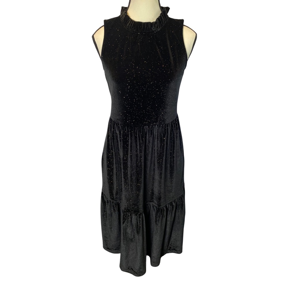 J.Crew Tiered Velvet Dress Women 0 Black Gold Sparkle Ruffle Neck Party Chic NYE